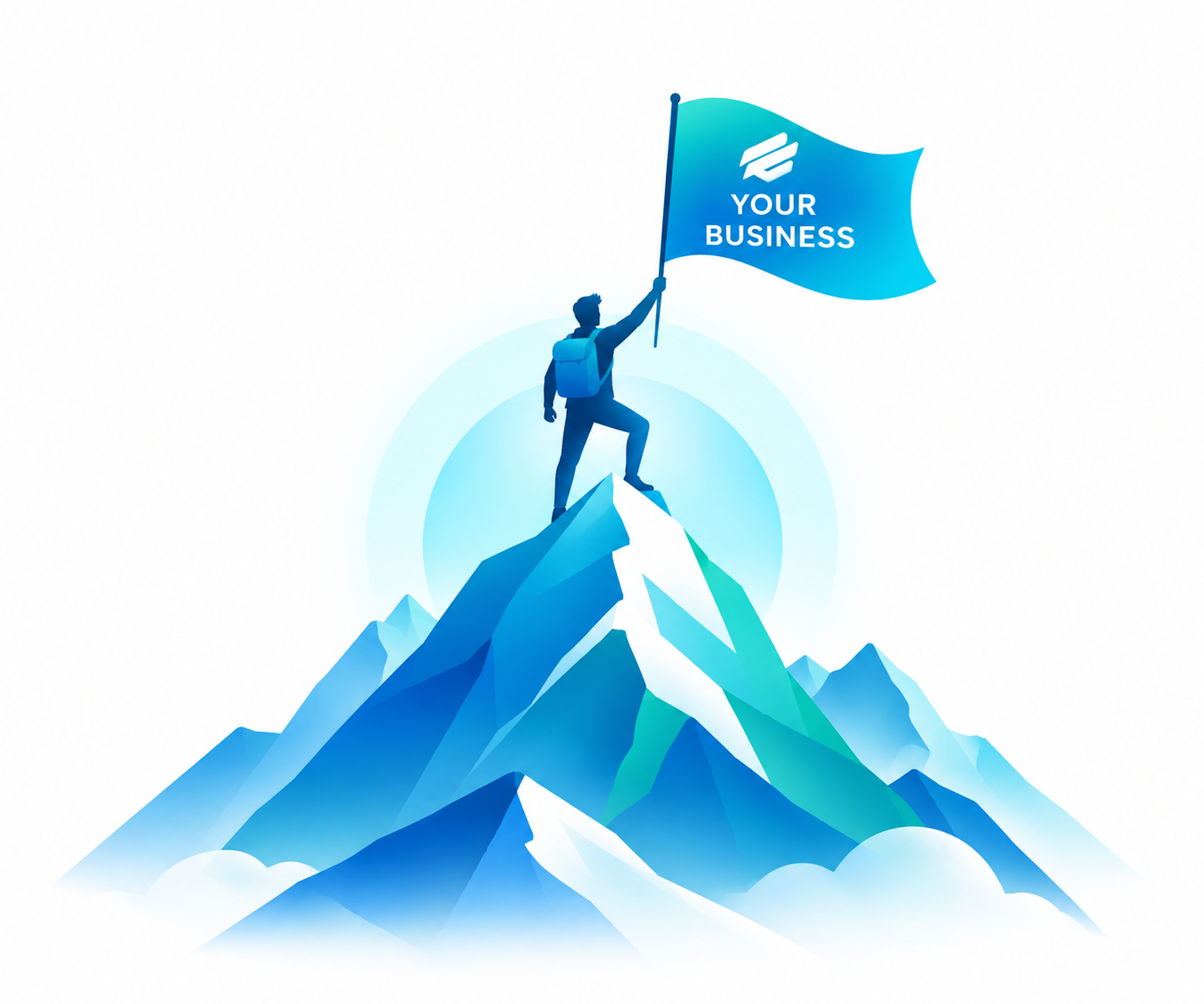 A person reaching the summit with a YOUR BUSINESS flag
